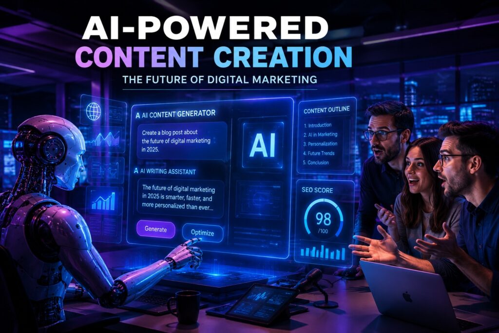 Copy AI artificial intelligence content writing tool generating marketing text in a futuristic digital workspace.