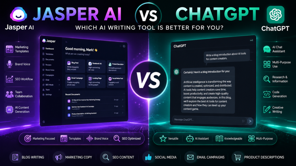 Jasper AI vs ChatGPT comparison for content writing, SEO, and marketing in 2026"