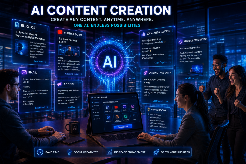 Different use cases and examples of Copy AI for blogs, emails, ads, YouTube scripts, and social media content creation.