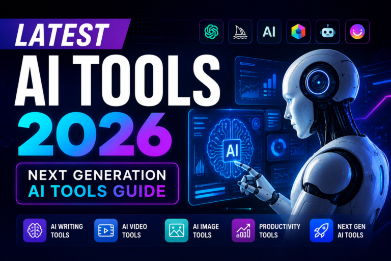 Futuristic AI tools banner for 2026 featuring a humanoid robot interacting with holographic AI dashboards, neon blue and purple cyberpunk design, AI writing tools, video tools, image tools, productivity tools, and next-generation artificial intelligence technology concepts