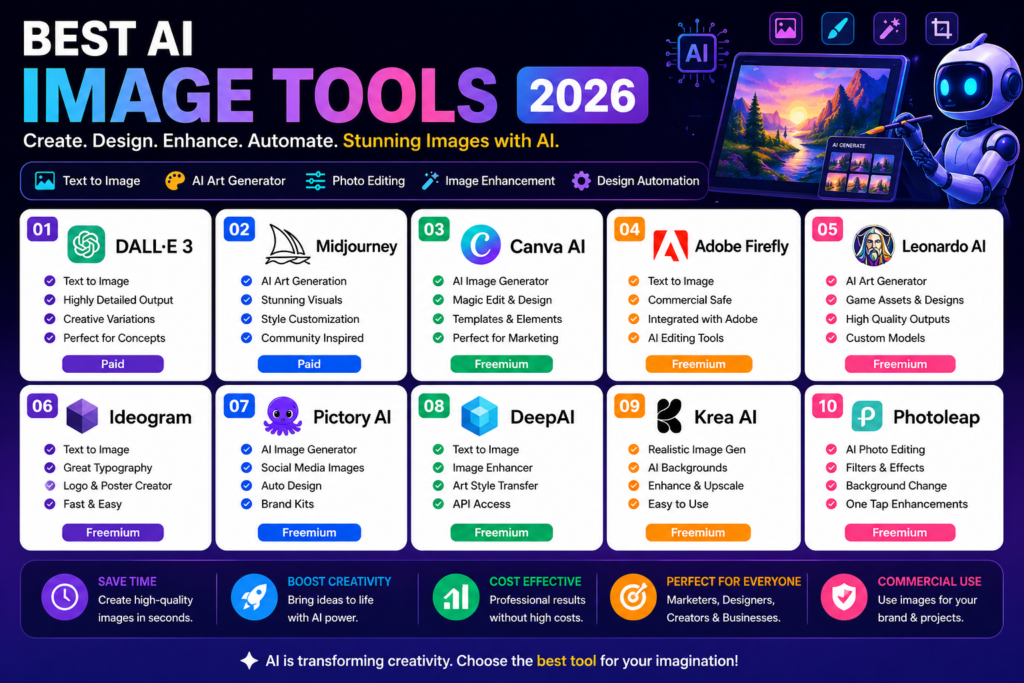 Best AI tools for image generation including Midjourney DALL·E Leonardo AI and Canva AI