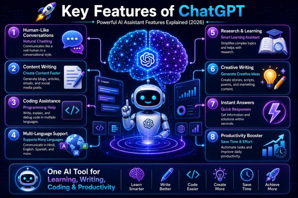 Key features of ChatGPT infographic showing content writing coding multilingual support research and productivity tools