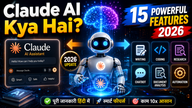 Claude AI Kya Hai in Hindi 2026 featuring AI assistant with 15 powerful features including writing, coding, research and automation