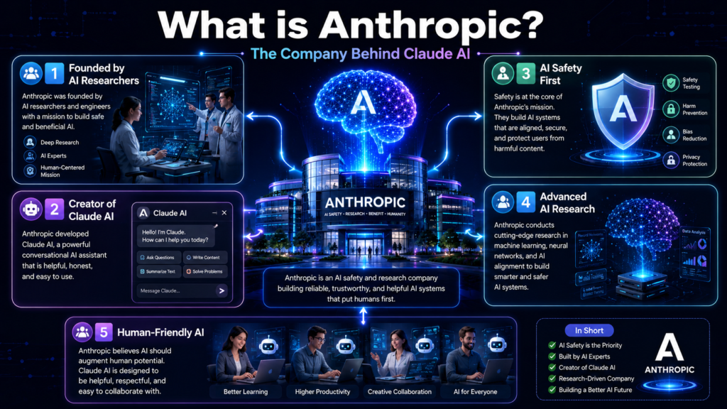 Infographic explaining Anthropic company, creator of Claude AI, focusing on AI safety, research, innovation and human-friendly artificial intelligence.