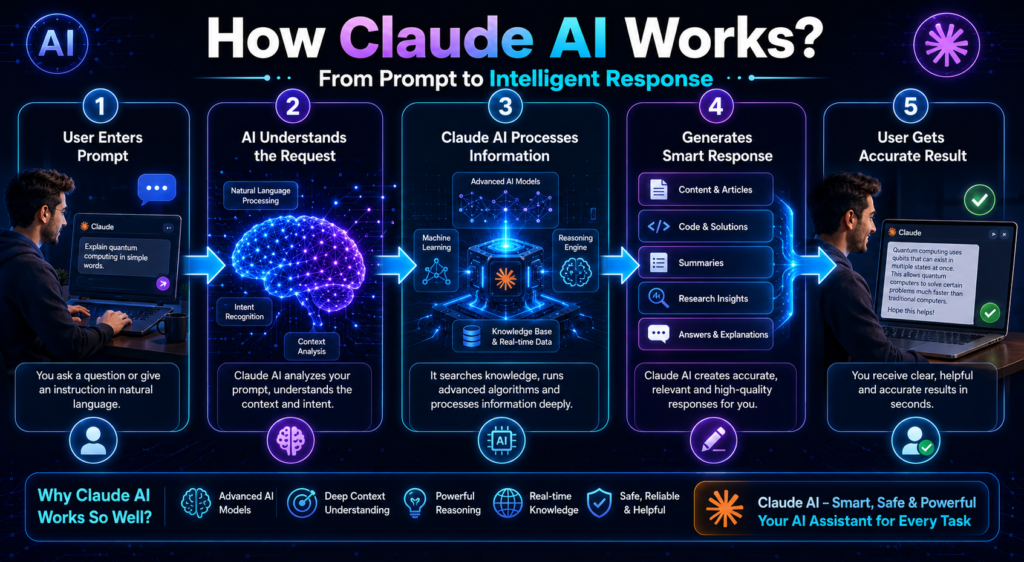 How Claude AI works infographic showing prompt input, AI understanding, information processing, response generation, and final intelligent output