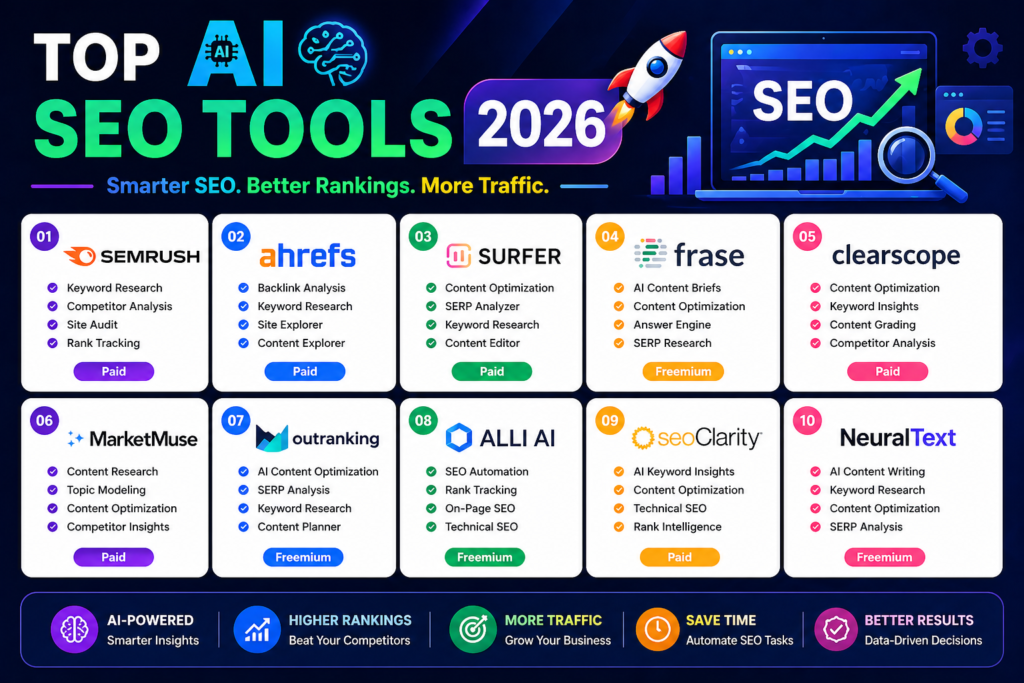 Top AI tools for SEO optimization including Ahrefs SEMrush Surfer SEO and keyword research tools