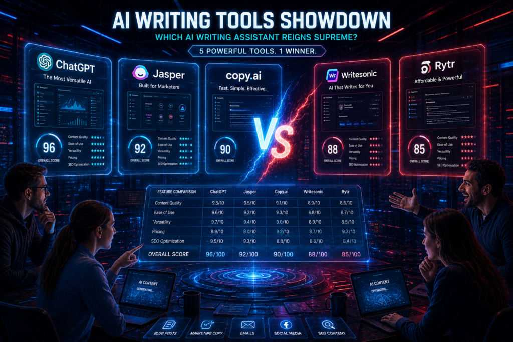 A dramatic futuristic AI battlefield showing five powerful AI writing tools competing on glowing holographic screens, marketers and bloggers comparing software dashboards, neon blue and red lighting, advanced artificial intelligence interfaces, cinematic composition, ultra realistic technology environment, digital content creation theme, glowing comparison charts floating in the air, 8K, highly detailed, attention-grabbing blog thumbnail style, AI tools comparison concept
