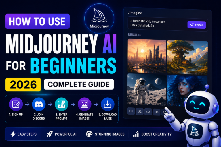 Futuristic Midjourney AI tutorial thumbnail for beginners in 2026 featuring a modern AI robot, Midjourney interface mockup, AI-generated fantasy artworks, Discord workflow steps, neon blue and purple cyberpunk design, and complete guide text for AI image generation beginners.