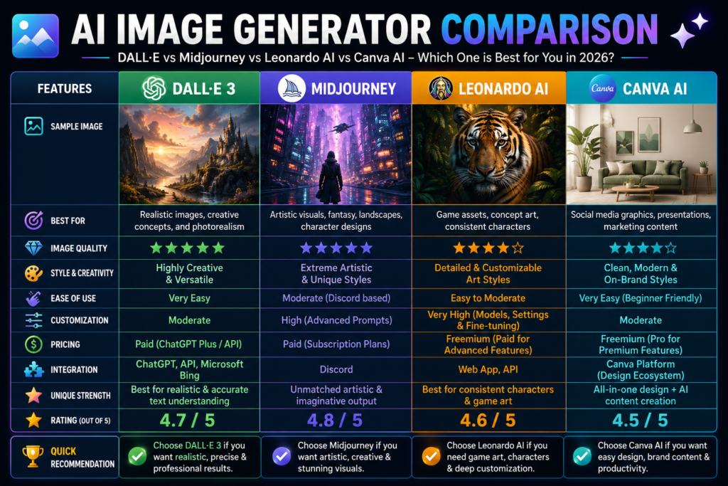 AI image generator comparison chart showing DALL-E Midjourney Leonardo AI and Canva AI
