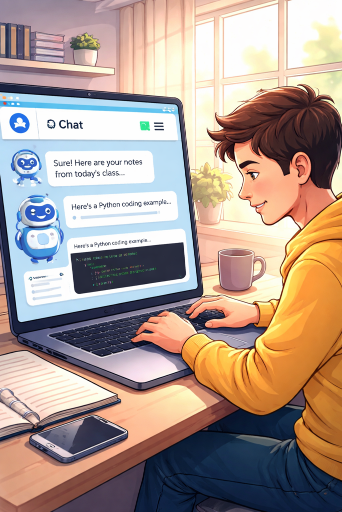 AI chatbot helping student with notes and coding