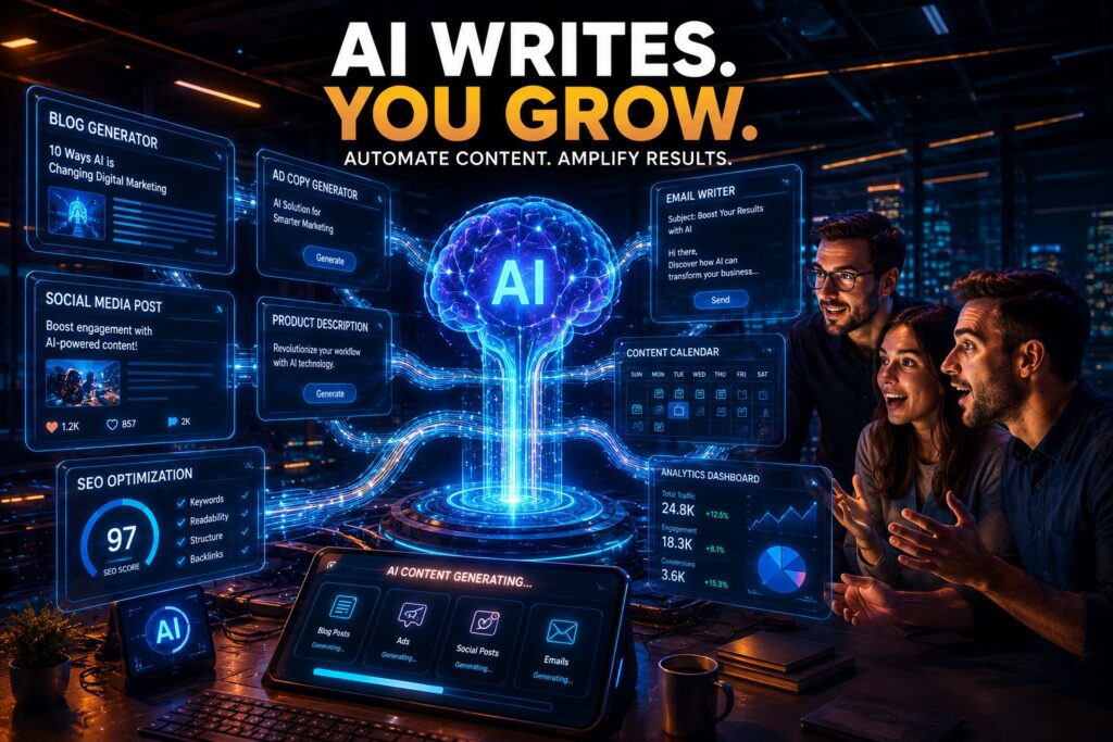 Artificial intelligence system showing how Copy AI automatically creates blogs, ads, and marketing content using AI technology.