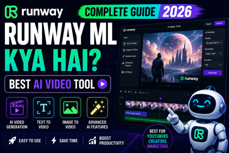 Runway ML AI video editor thumbnail featuring futuristic text-to-video generation interface, AI-powered video creation tools, image-to-video features, neon cyberpunk design, and complete 2026 beginner guide for YouTubers, creators, and marketers.