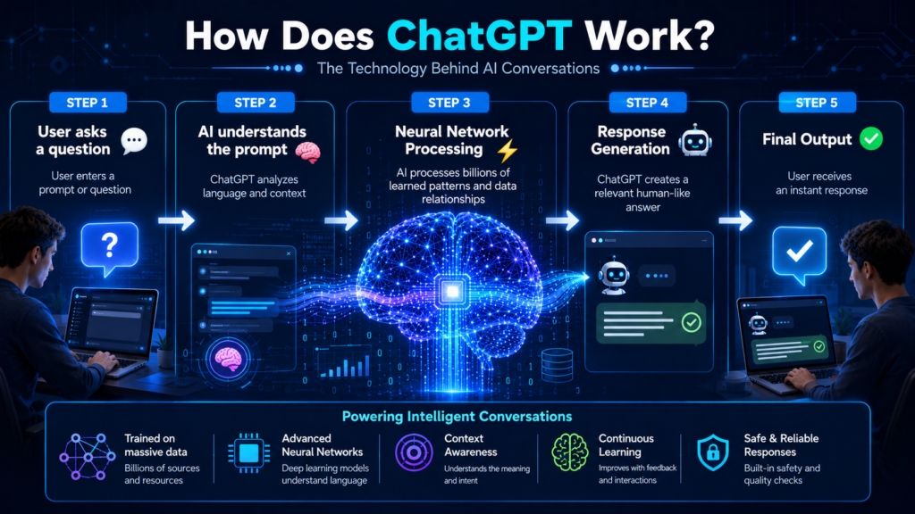 How ChatGPT works infographic showing prompt analysis AI processing response generation and final output