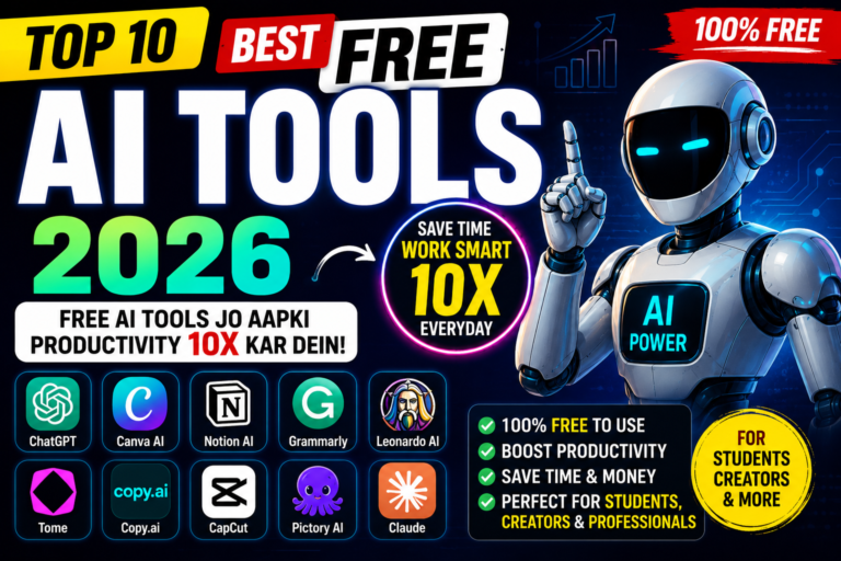 Top 10 best free AI tools 2026 for productivity, creators, students, and AI automation.