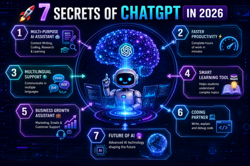 Create a professional and eye-catching infographic for a technology blog titled "7 Secrets of ChatGPT in 2026". Place a futuristic AI chatbot and glowing digital brain in the center. Surround it with 7 visually distinct sections connected by arrows and modern AI-themed elements.
Main Title:
🚀 7 Secrets of ChatGPT in 2026
Secret 1: Multi-Purpose AI Assistant 🤖
Text: Content Writing, Coding, Research & Learning
Secret 2: Faster Productivity ⚡
Text: Complete hours of work in minutes
Secret 3: Multilingual Support 🌍
Text: Communicate in multiple languages
Secret 4: Smart Learning Tool 📚
Text: Helps students understand complex topics
Secret 5: Business Growth Assistant 💼
Text: Marketing, Emails & Customer Support
Secret 6: Coding Partner 💻
Text: Write, explain and debug code
Secret 7: Future of AI 🔮
Text: Advanced AI technology shaping the future
Use futuristic blue and purple neon colors, glowing neural networks, AI dashboard elements, professional infographic layout, premium typography, arrows connecting each secret, modern technology background, high-quality 3D illustration, clean and readable design, optimized for blog featured image, ultra HD, no watermark.*