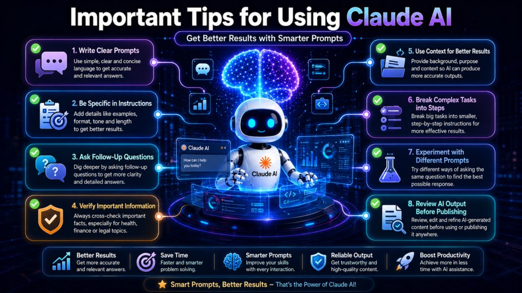 Infographic showing important tips for using Claude AI effectively, including clear prompts, specific instructions, follow-up questions, fact-checking, and better AI productivity practices.