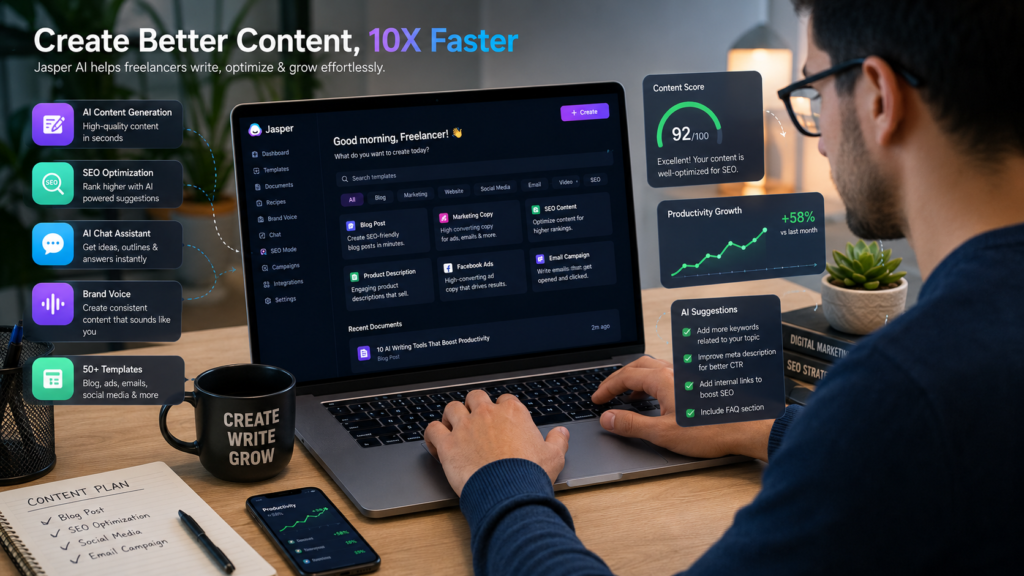 "Benefits of Jasper AI including faster content creation, SEO writing, freelancing support, and AI-powered productivity"