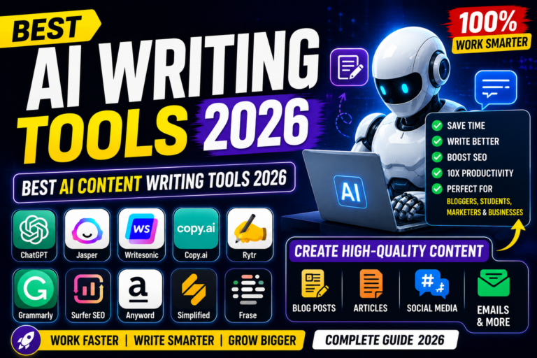 Best AI writing tools 2026 thumbnail featuring AI content writing software, ChatGPT, Jasper, Copy.ai, Grammarly, futuristic AI robot, and SEO content creation tools for bloggers and marketers.