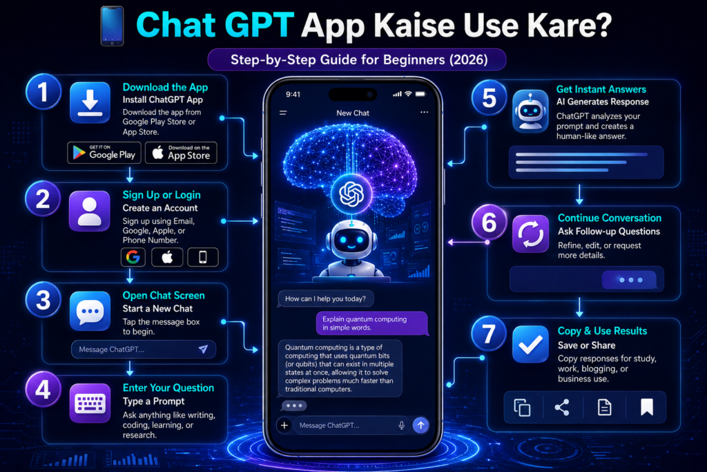 Chat GPT App kaise use kare step by step infographic for beginners showing download login prompt and AI response process