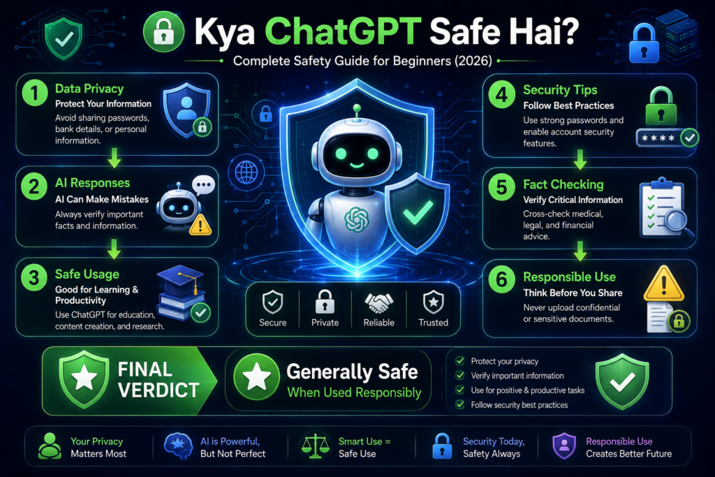 Is ChatGPT safe infographic explaining privacy security tips risks and safe AI usage guide