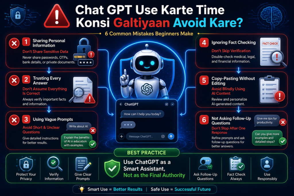 Create a professional educational infographic for a technology blog titled "Chat GPT Use Karte Time Konsi Galtiyaan Avoid Kare?". Design a warning-style AI infographic with a modern chatbot interface in the center. Show red warning icons for mistakes and green check marks for best practices. Use arrows and visual sections to explain each mistake clearly.
Main Title:
⚠️ Chat GPT Use Karte Time Konsi Galtiyaan Avoid Kare?
6 Common Mistakes Beginners Make
Mistake 1: Sharing Personal Information
❌ Don't Share Sensitive Data
Text: Never share passwords, OTPs, bank details, or private documents.
⬇️
Mistake 2: Trusting Every Answer
❌ Don't Assume Everything Is Correct
Text: Always verify important facts and information.
⬇️
Mistake 3: Using Vague Prompts
❌ Avoid Short & Unclear Questions
Text: Give detailed instructions for better results.
⬇️
Mistake 4: Ignoring Fact Checking
❌ Don't Skip Verification
Text: Double-check medical, legal, and financial information.
⬇️
Mistake 5: Copy-Pasting Without Editing
❌ Avoid Blindly Using AI Content
Text: Review and personalize AI-generated content.
⬇️
Mistake 6: Not Asking Follow-Up Questions
❌ Don't Stop After One Response
Text: Refine prompts and ask follow-up questions for better answers.
Best Practice
✅ Use ChatGPT as a Smart Assistant, Not as the Final Authority
Design Requirements:
Modern AI chatbot, warning symbols, security icons, red and blue technology theme, professional infographic layout, clear typography, arrows connecting sections, educational blogging style, high-quality 3D illustration, premium design, ultra HD, no watermark, visually explain all mistakes within the image.