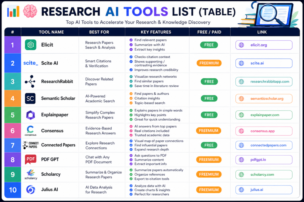 👉 Explore Ai Tools 2026 Best AI research tools 2026 table with features, free and paid tools list