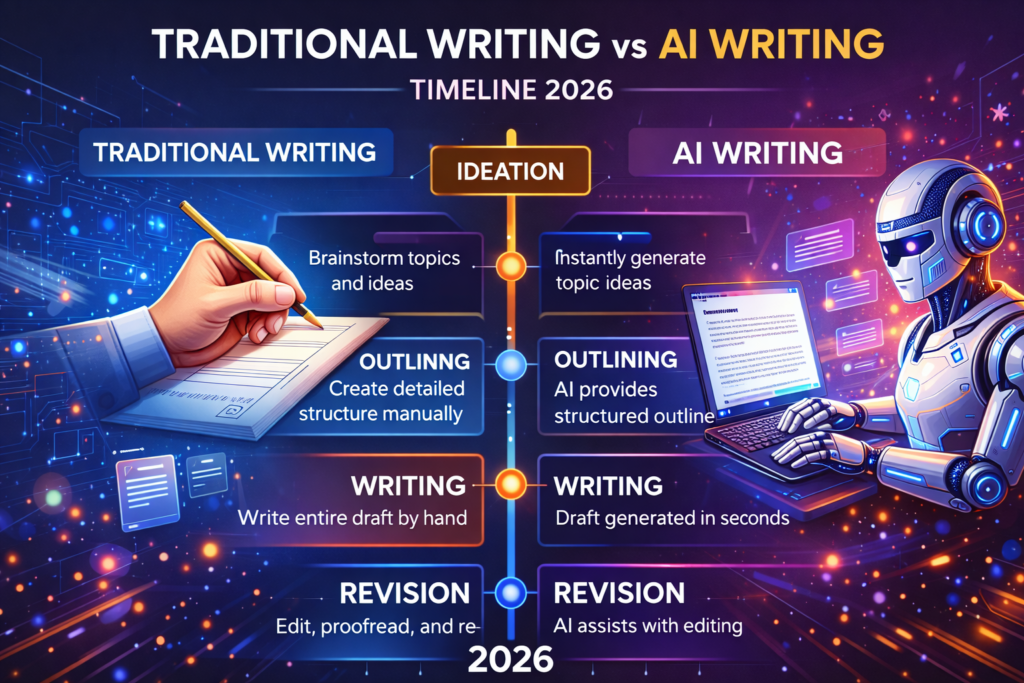 Infographic showing “Traditional Writing vs AI Writing” timeline 2026.