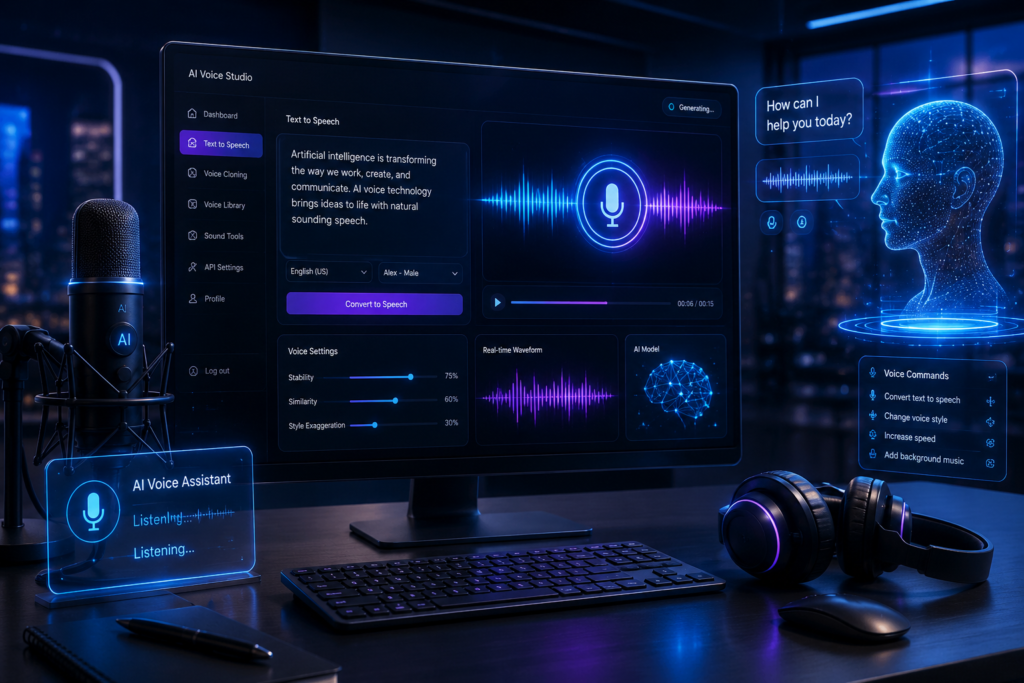 Illustration of AI voice tools converting text into speech using artificial intelligence.