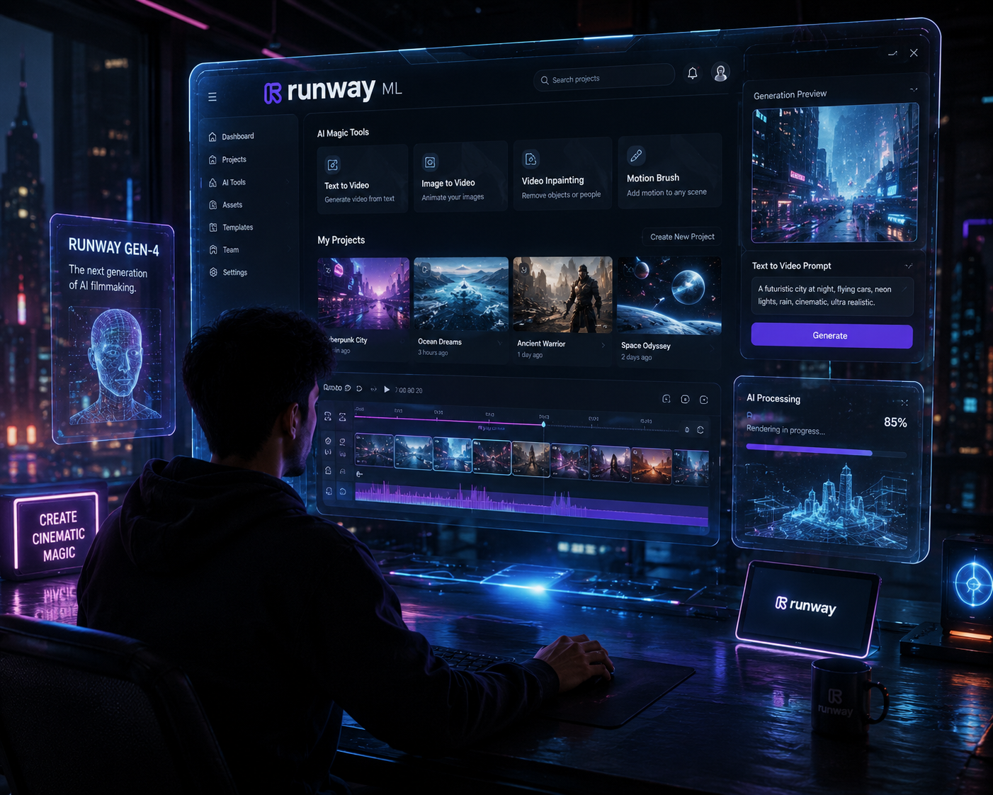 Runway ML cinematic AI video creation workspace