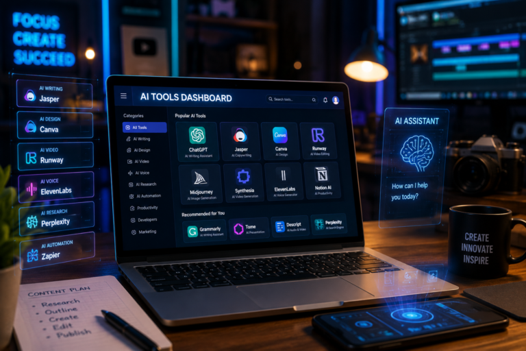 Best AI tools for content creators 2026 futuristic AI workspace