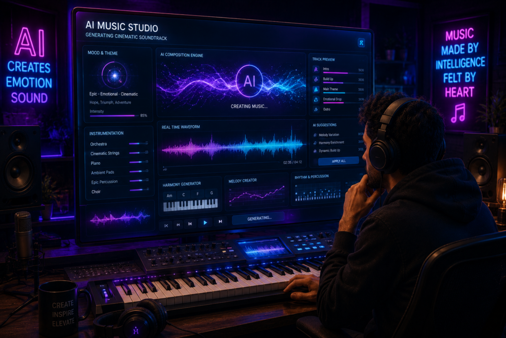 Suno AI music generator creating cinematic background music