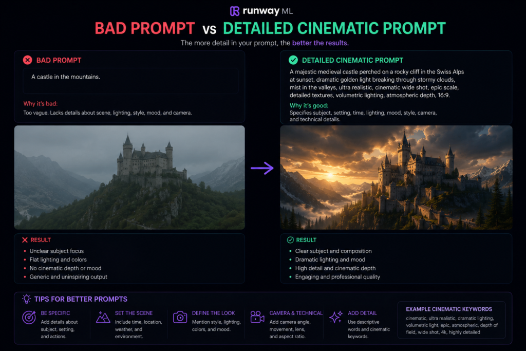 Detailed cinematic prompts for Runway ML AI videos