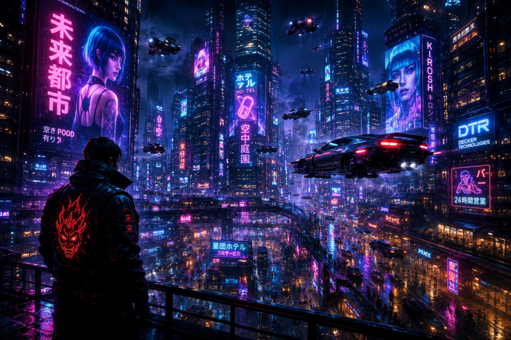Futuristic cyberpunk city with neon lights and flying cars.