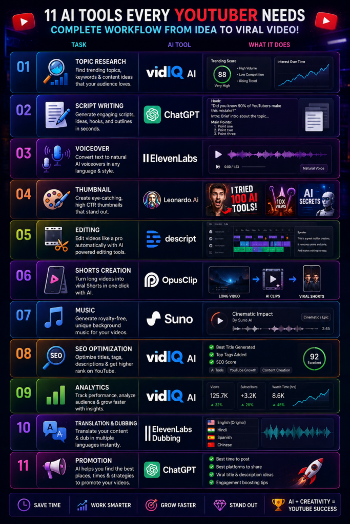 Topic Research
VidIQ AI
Script Writing
ChatGPT
Voiceover
ElevenLabs
Thumbnail
Leonardo AI
Editing
Descript
Shorts Creation
OpusClip
Music
Suno AI