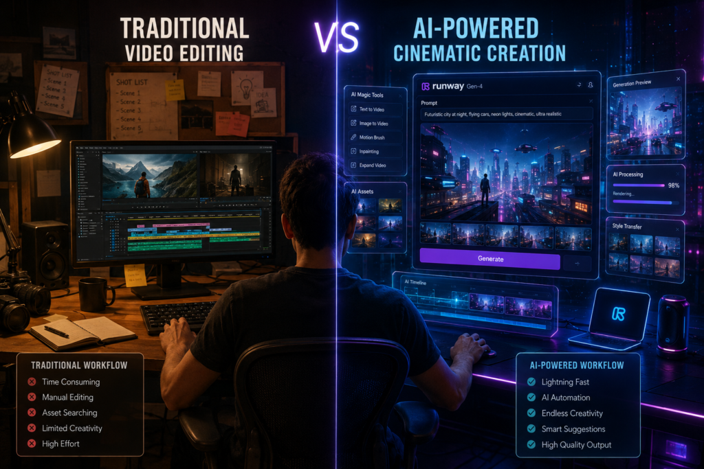 Traditional editing vs Runway ML AI video creation
