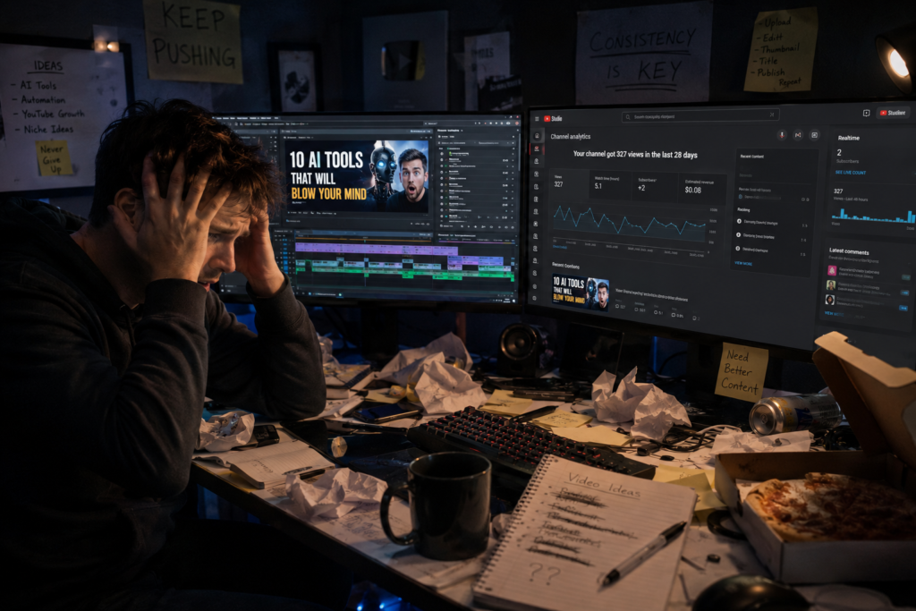 Overwhelmed YouTuber struggling with content creation and editing