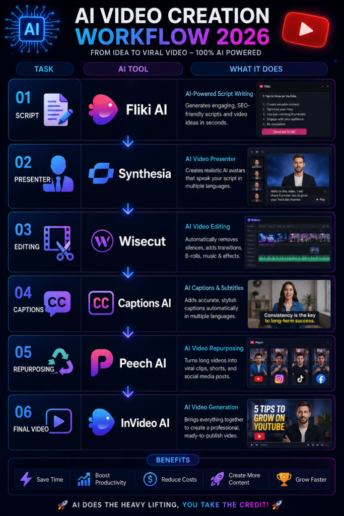 Task
AI Tool
Script
Fliki AI
Presenter
Synthesia
Editing
Wisecut
Captions
Captions AI
Repurposing
Peech AI
Final Video
InVideo AI