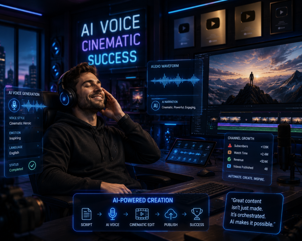 Content creator using ElevenLabs realistic AI voice technology