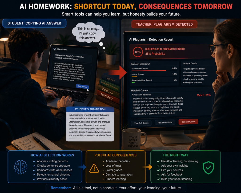 Student copying AI homework while teacher detects plagiarism.