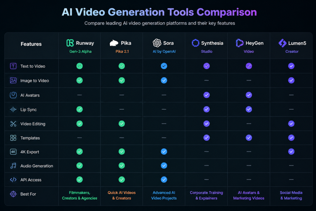 AI video tools comparison chart 2026