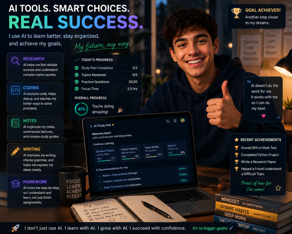 Happy successful student using AI tools confidently.