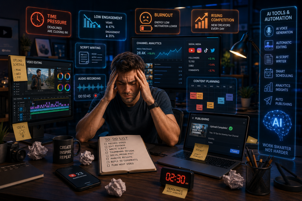 A realistic digital creator workspace showing a content creator overwhelmed by multiple tasks such as video editing, script writing, recording audio, social media management, and content planning. Multiple screens display analytics, editing software, and publishing tools. Icons representing time pressure, low engagement, burnout, and rising competition surround the workspace. Modern AI tools and automation elements appear in the background, symbolizing solutions to creator challenges. Professional, highly detailed 3D illustration with blue and orange lighting, suitable for a blog featured image.