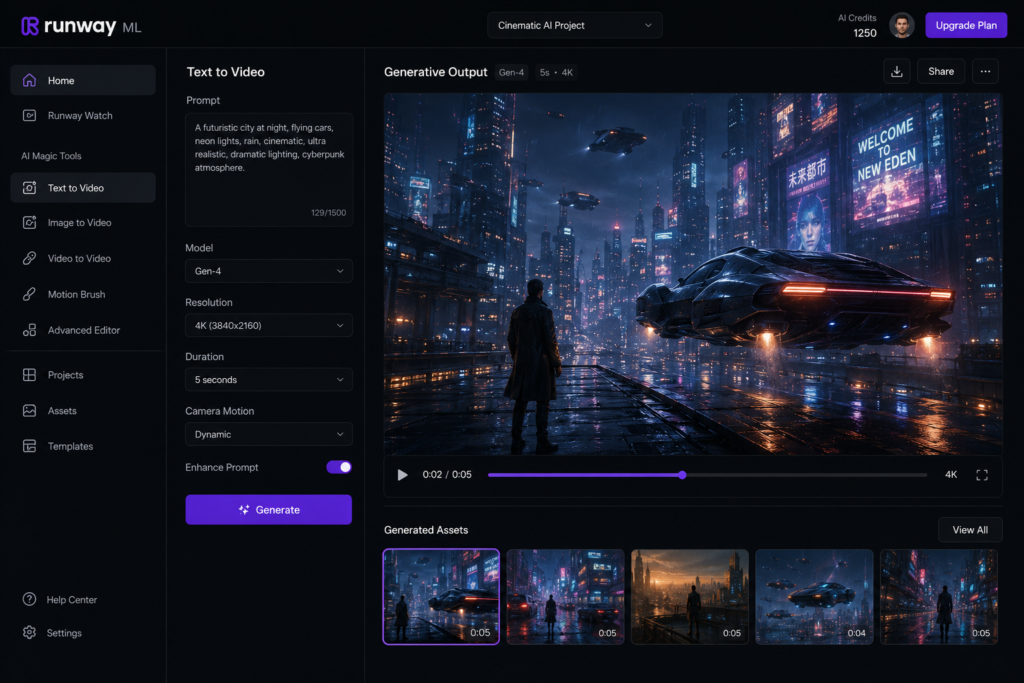 Runway ML text to video AI platform interface