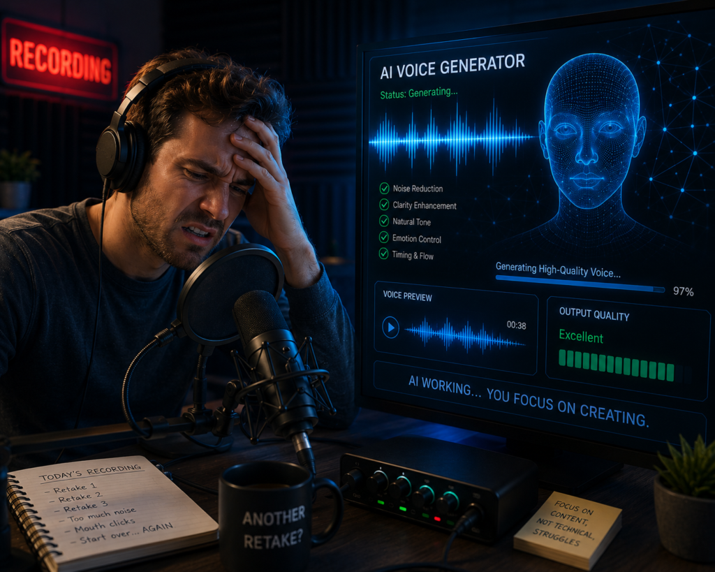 Creator using ElevenLabs AI voice generator for automatic voiceover