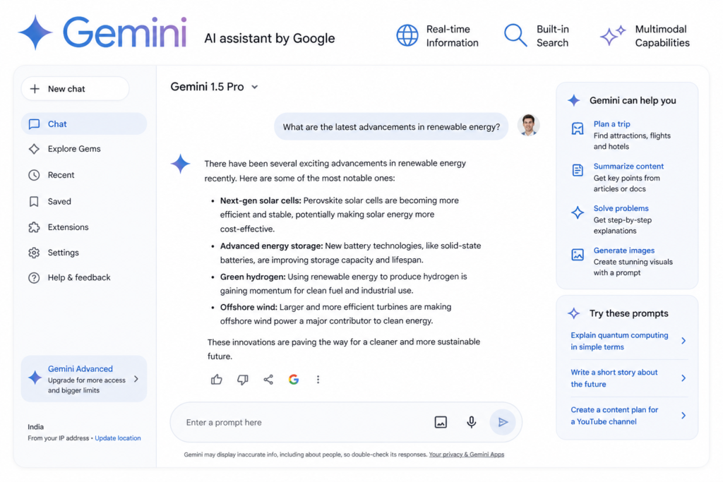 Google Gemini AI chatbot interface with real time data