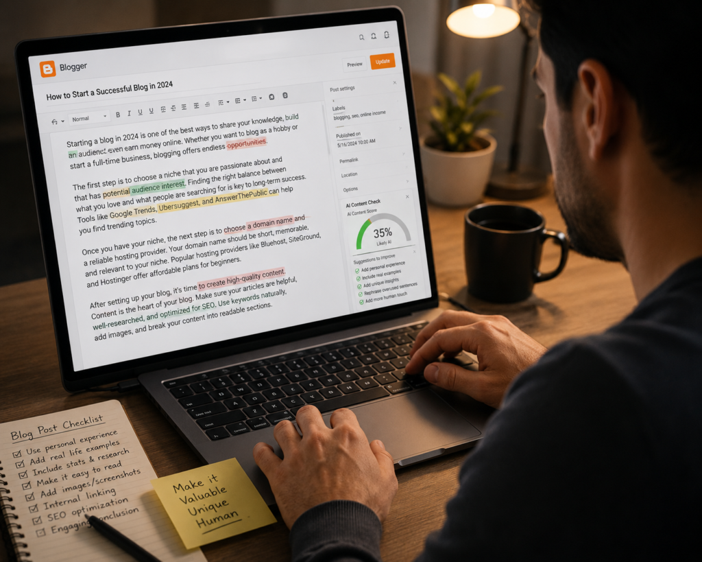 “Blogger editing AI generated content for SEO”