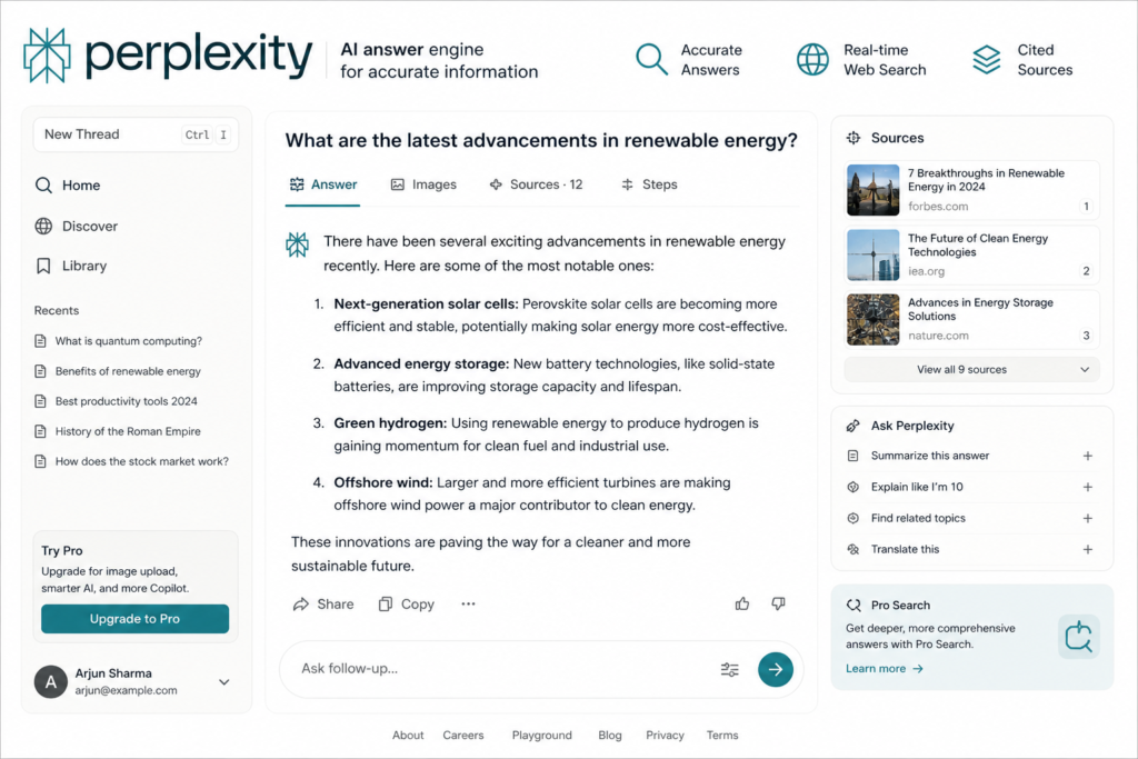 Perplexity AI search engine with real time sources