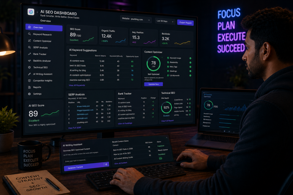 AI SEO tools dashboard for bloggers and marketers
