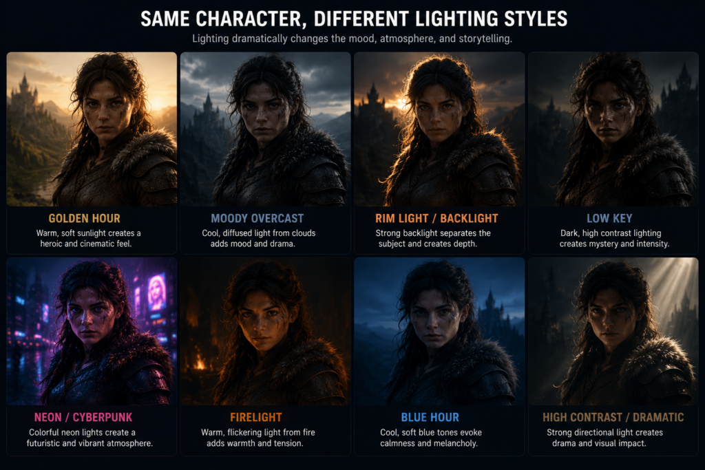 Cinematic lighting examples for Midjourney prompts